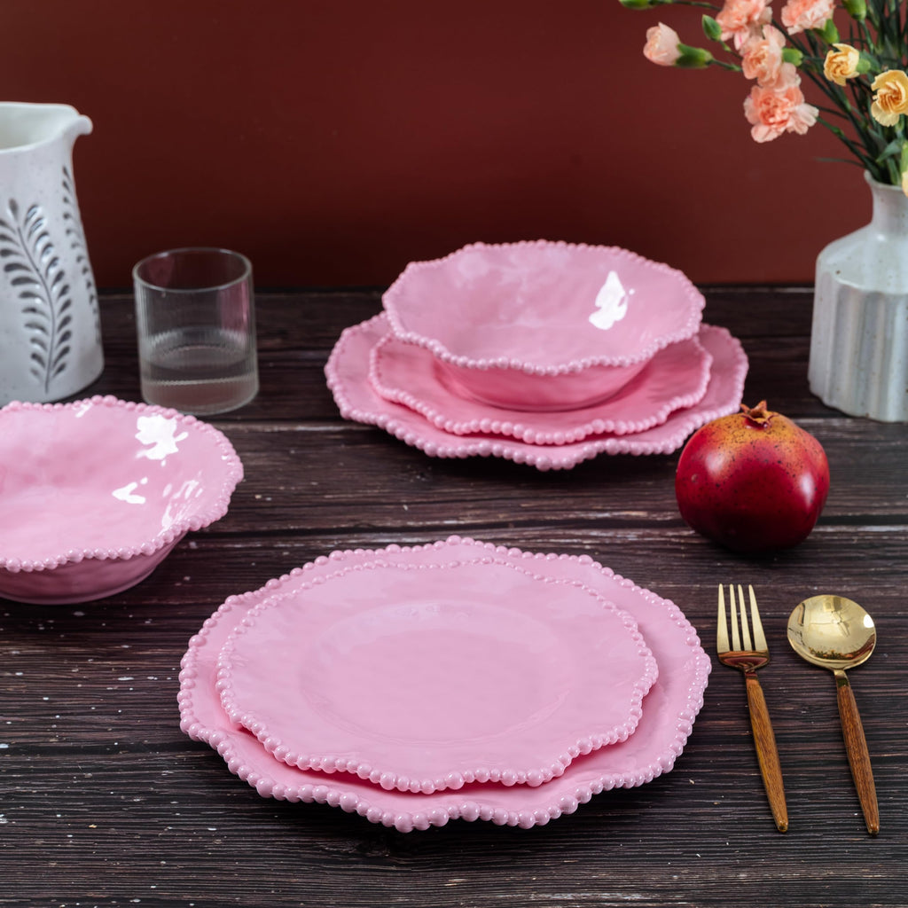 Pink Dishes Melamine Dinnerware Sets, 18 Piece Kitchen Plates and Bowls tableware Set, Lightweight, BPA free Beaded