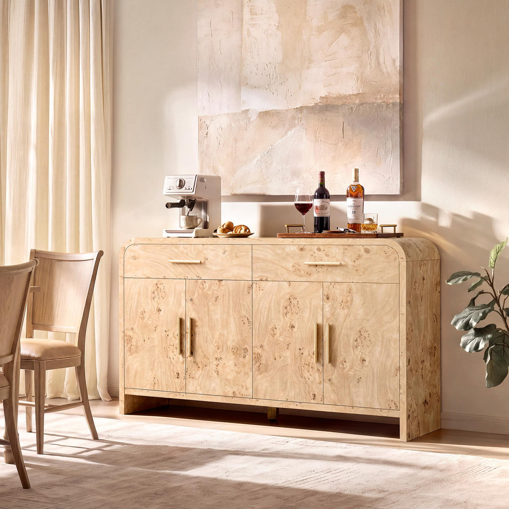 59" Sideboard Buffet Cabinet with Storage Modern Curved Console Cabinet with Drawers Wooden Board Large Credenza