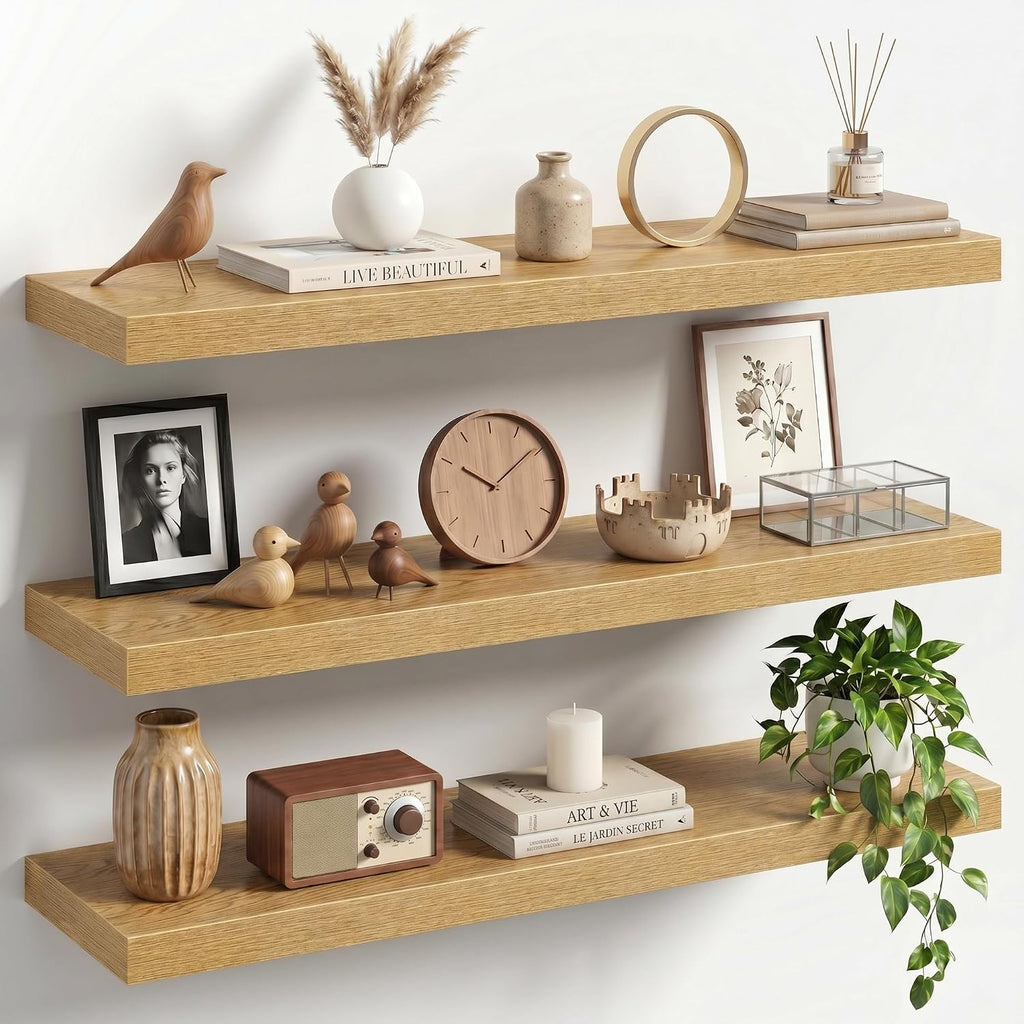 30" Floating Shelves for Wall, Set of 3, 8" Deep, 1.5" Thick, Oak Finish | Rustic Wood Wall Shelves with Invisible