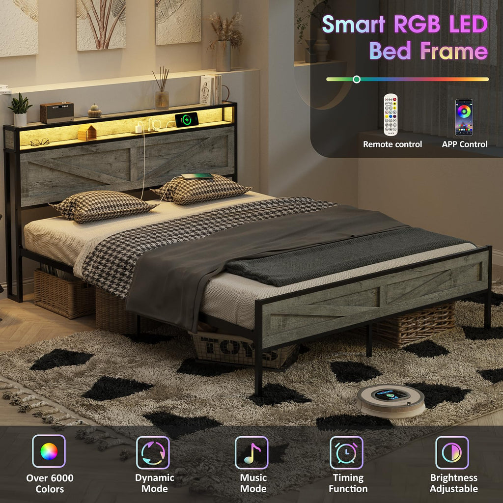 Bed Frame with Charging Station, Platform Metal Bed with Headboard & Led Light, Farmhouse Storage Bed, No