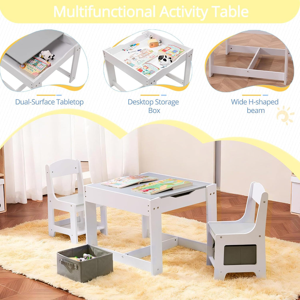 Wood Toddler Table and Chair Set, Kids Activity Desk, White Gray