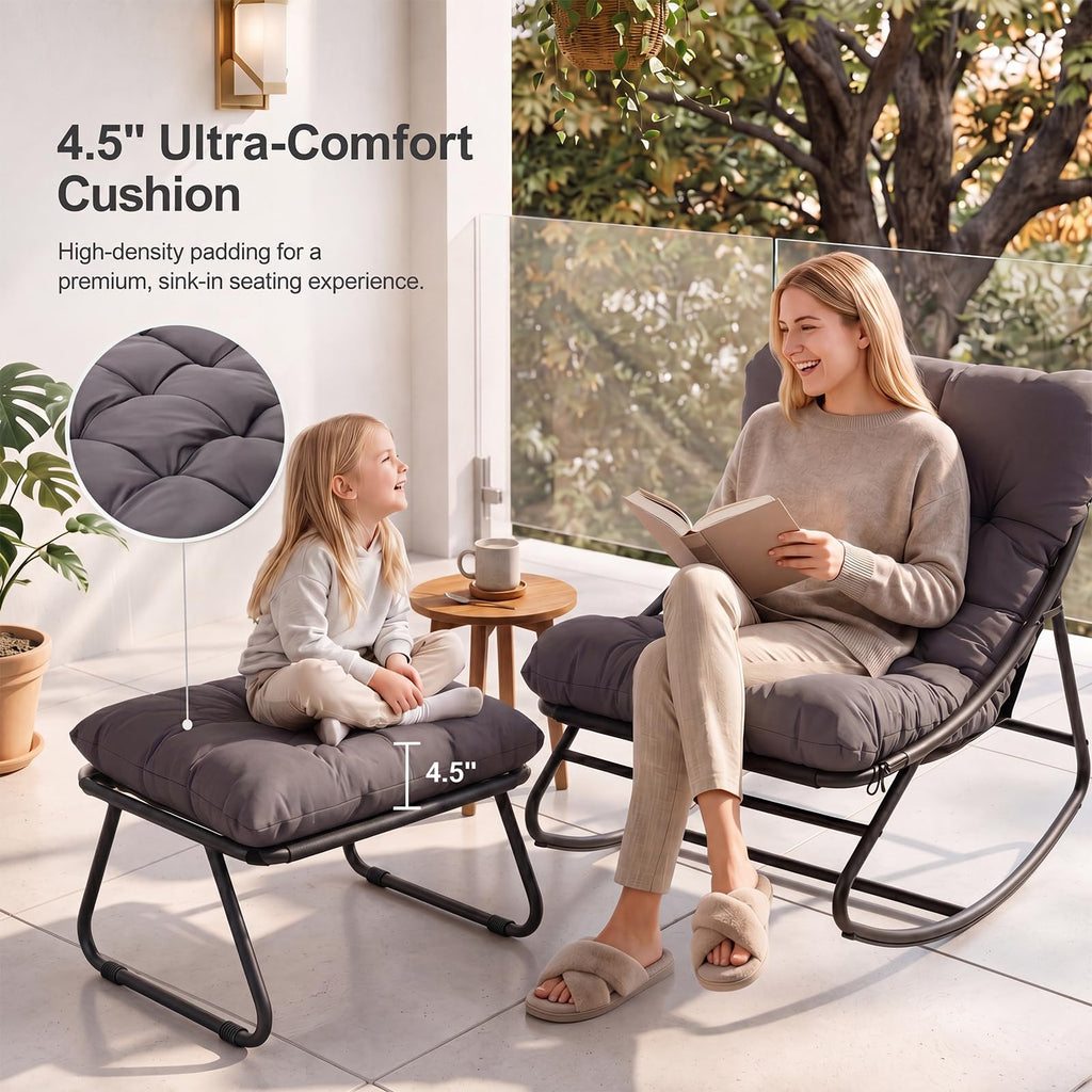 Outdoor Rocking Chair with Ottmans, Cozy Papasan Rocking Chair with Thick Cushion, 450lbs Capacity Indoor Outdoor