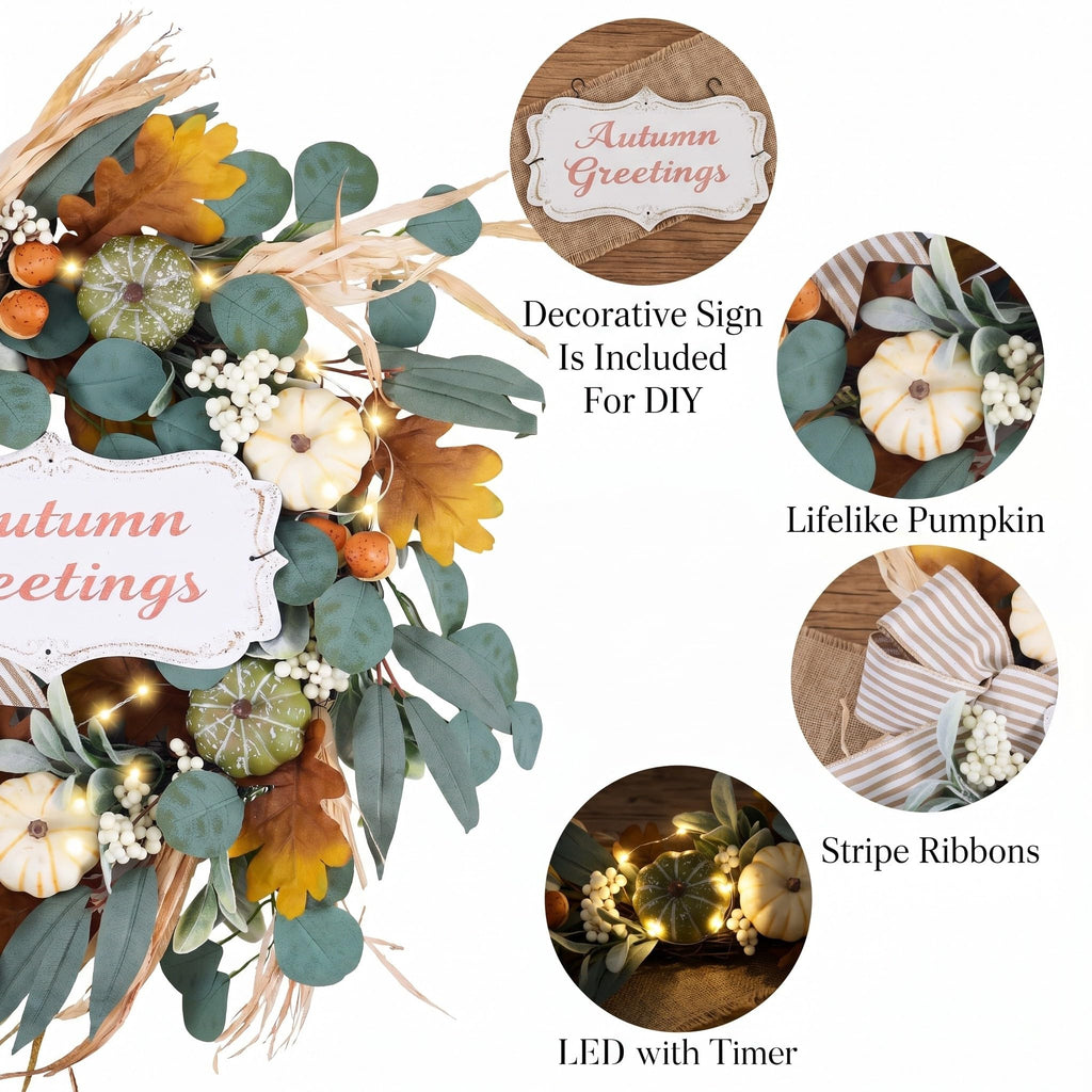 24'' Fall Wreaths for Front Door with LED Lights