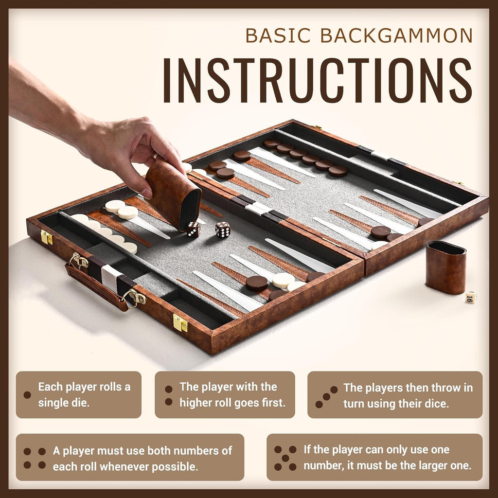 Backgammon Board Game Set (15 Inches) for Adults and Kids,Classic Board Strategy Game,Portable and Travel Backgammon