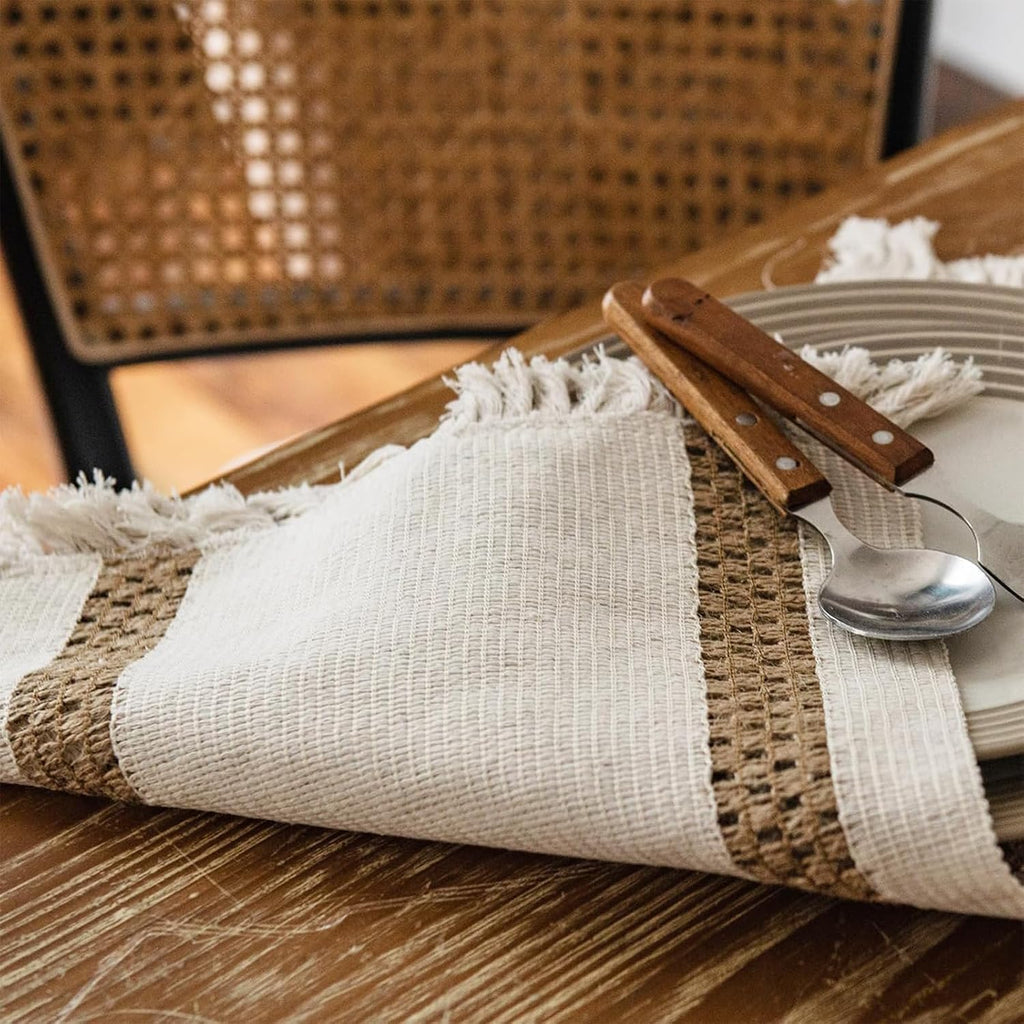 Boho Placemats, 12x18 Inch Natural Cotton Burlap and Kitchen Woven Placemats with Tassels for Dining Table - Set of 6