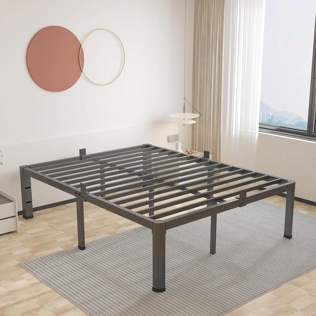 14 inch Metal Queen Bed Frame with Rounded Corner and Headboard Hole Mattress Retainers 3500LBS Heavy Duty Steel Slats