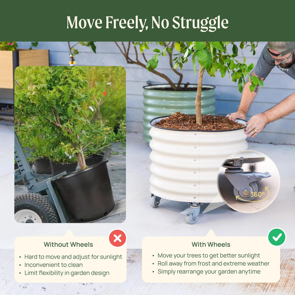 Rolling Metal Citrus Tree Planter Pot, 21′′ Round Planter Box for Porch Patio & Backyard, 20 Gallon Large Planter Pot
