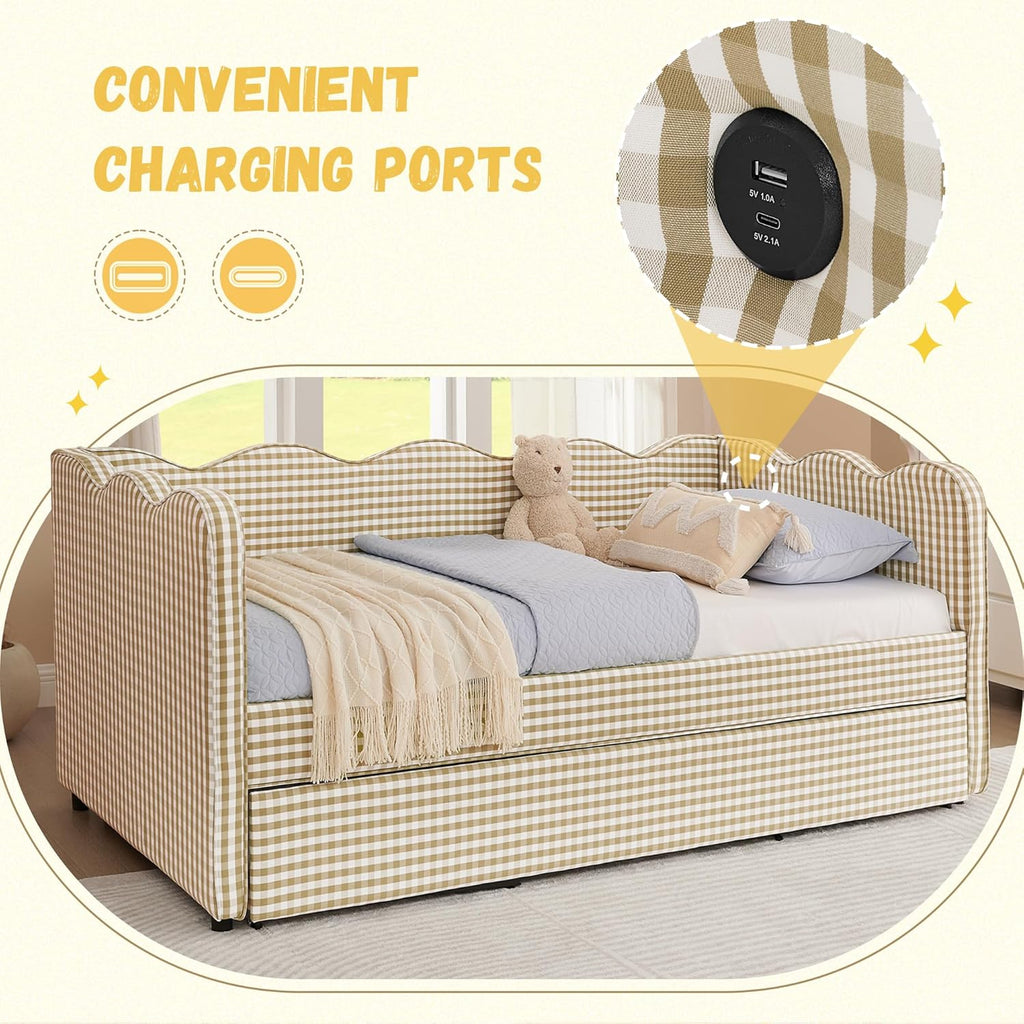 Twin Size Gingham Daybed with Trundle and USB Ports | Upholstered Daybed Living Room Guest Room-Brown
