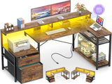 L Shaped Desk with File Drawer, Reversible L Shaped Computer Desk Gaming Desk with Power Outlet & LED Strip
