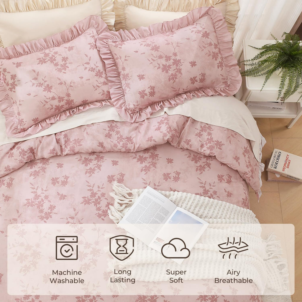 Comforter Set, 3 Pieces Grey Pink Floral Ruffle Bedding Set