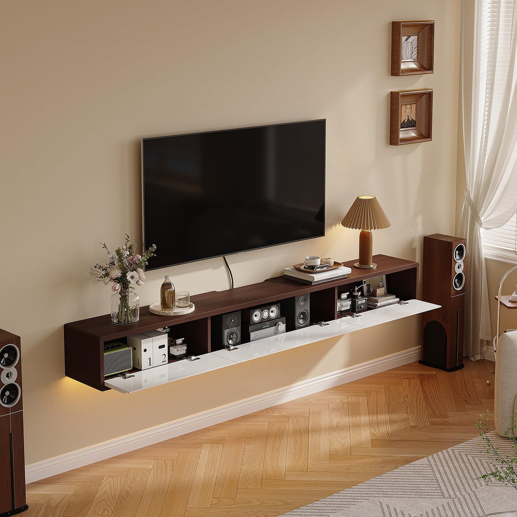 Floating High Gloss, 55'' Wall-Mounted TV Cabinet, Floating TV Console, Under TV Shelf with 3 Doors (Walnut+White)