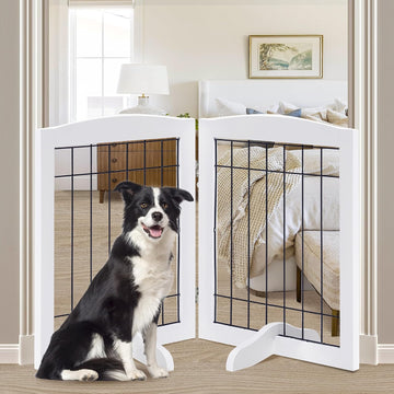 2-Panel Freestanding Adjustable Wooden Dog Gate-30" Tall Foldable Pet Barrier with Support Feet, Solid Hardwood &