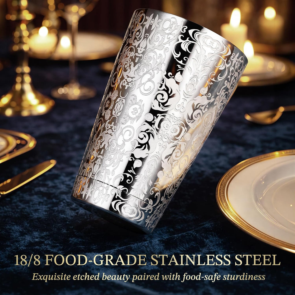 Etched Boston Cocktail Shaker Set, Baroque Scroll Engraved - Set of 4
