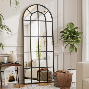 30" x 71" Arched Windowpane Full Length Mirror, Black