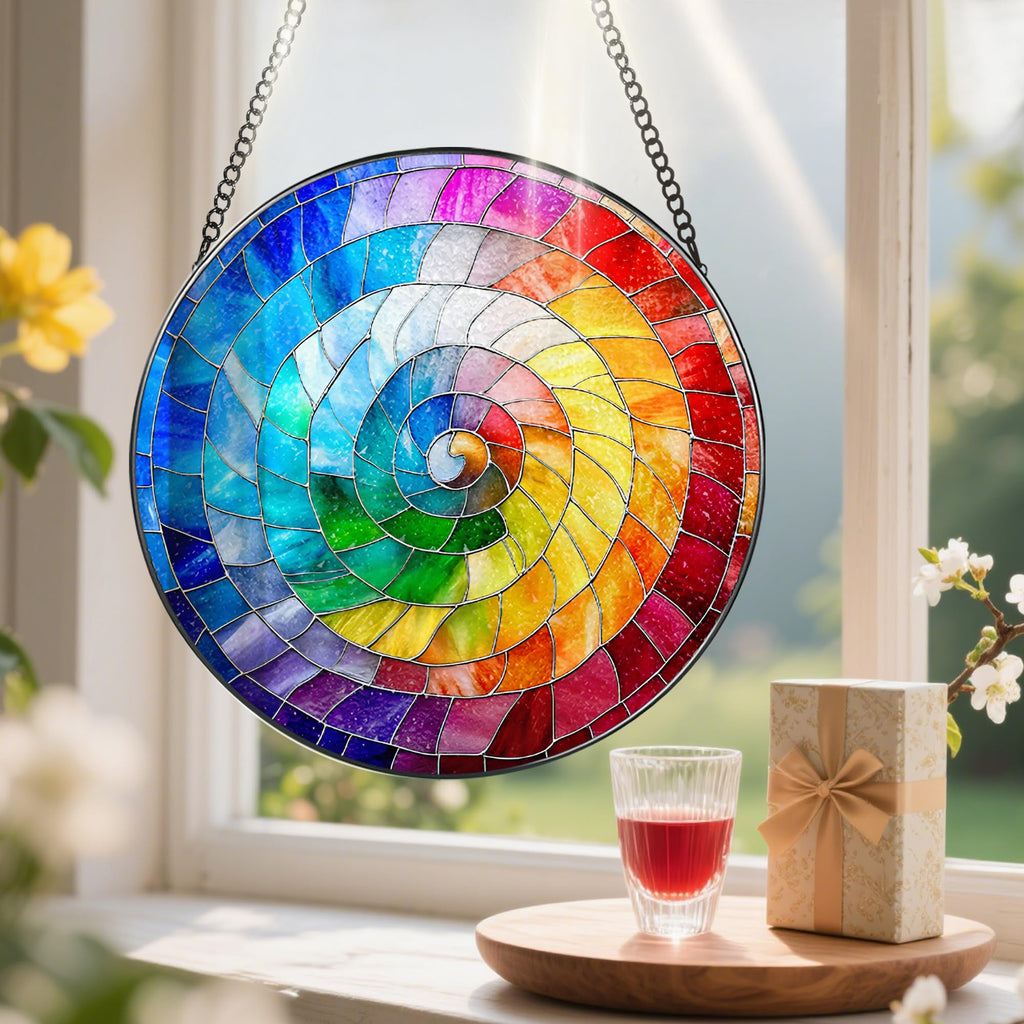 Stained Glass Window Hanging, 8 Inch Rainbow Spiral Stained Glass Suncatcher, Spiral Window Hanging Decor, Geometric
