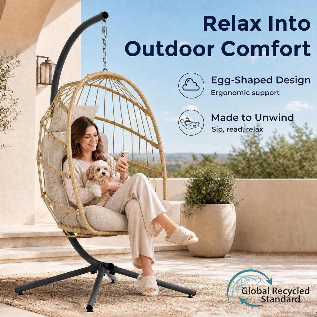 Egg Chair Outdoor with Stand, Indoor Wicker Hanging Egg Swing Chair with Cushion, 370lbs Capacity , Garden - Cream