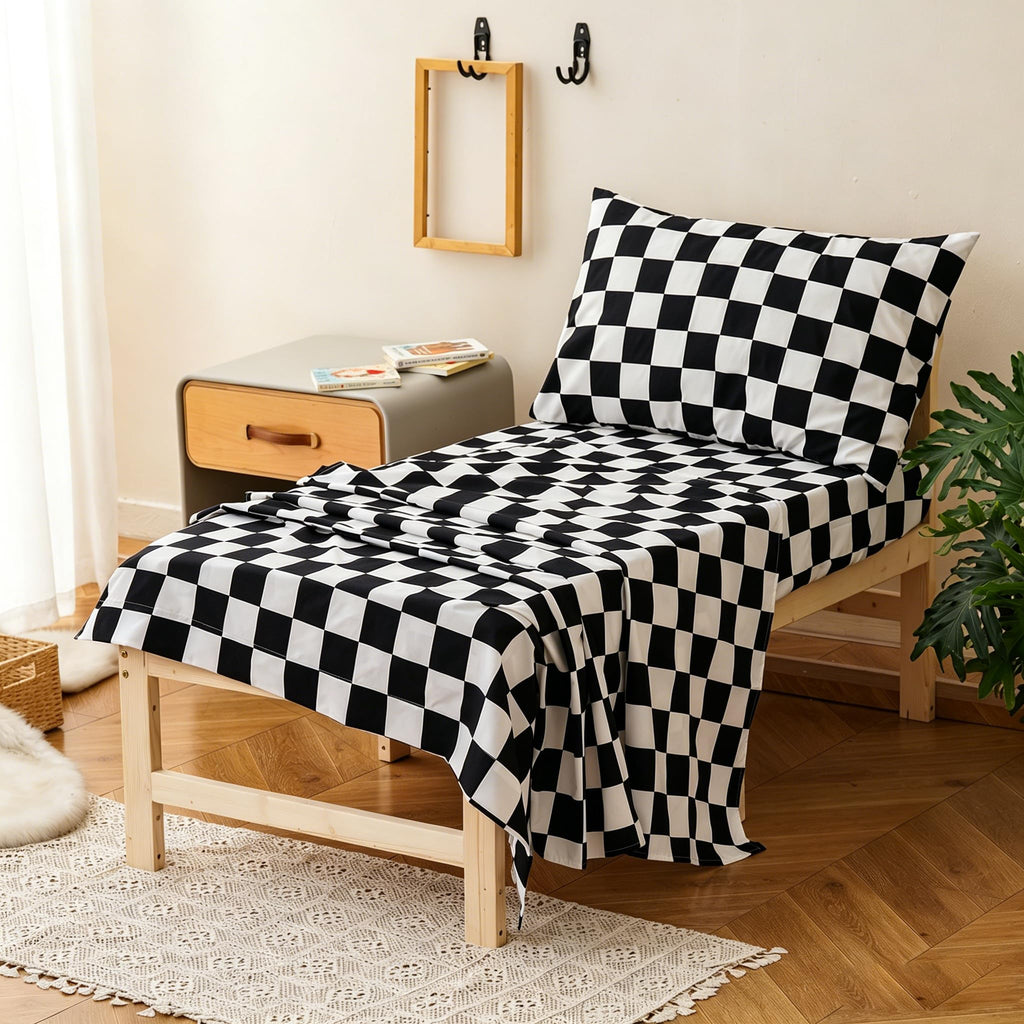 Grid Toddler Bedding Set Black White Checkered 4 Pieces Crib Bed Set Kids Pliad Comforter Set