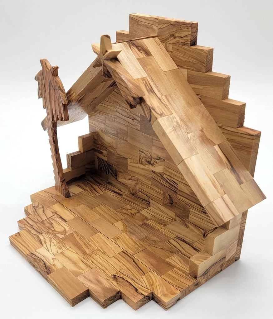 Olive Wood Nativity Stable -10.5x8.4x6.4 Inches | Hand Made from Bethlehem Olive Wood NAT113