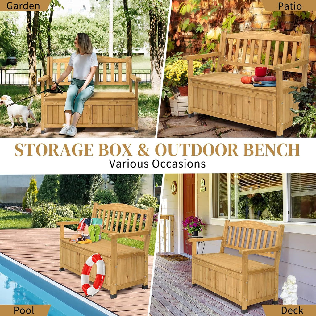 Outdoor Wooden Storage Bench, Large Deck Box with Seating & Armrest, Patio Organizer Loveseat for Garden Porch