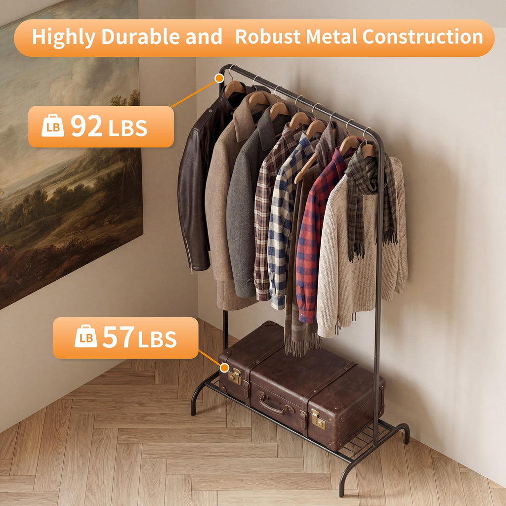 Black Clothing Rack 2 Pack for Small Spaces, Freestanding Garment Rack with Bottom Shelf, Stable Clothes Organizer