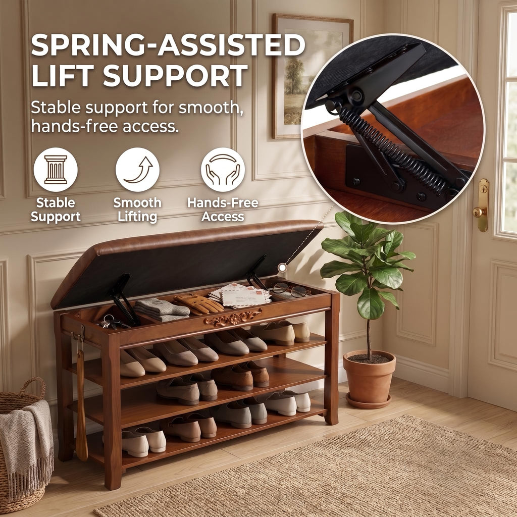Solid Wood Shoe Rack Bench Entryway Storage with Leather Cushion, 31.5"