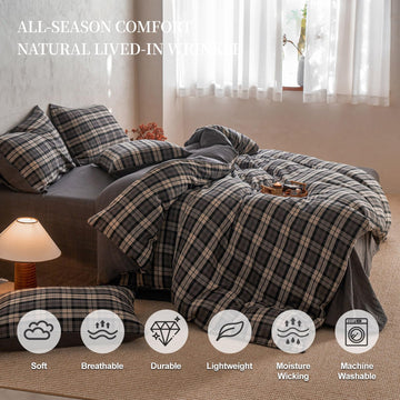 Gingham Duvet Cover Set Muslin Cotton, Queen(90"x90"), Shadow Grey Plaid