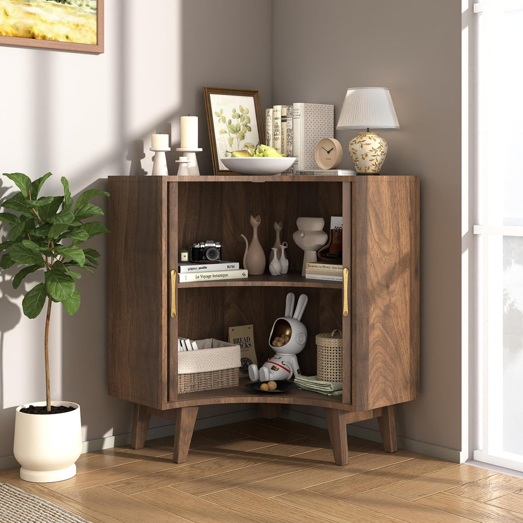 Fluted Corner Cabinet with Doors, Corner Kitchen Cabinet, Wine Bar, Sideboard