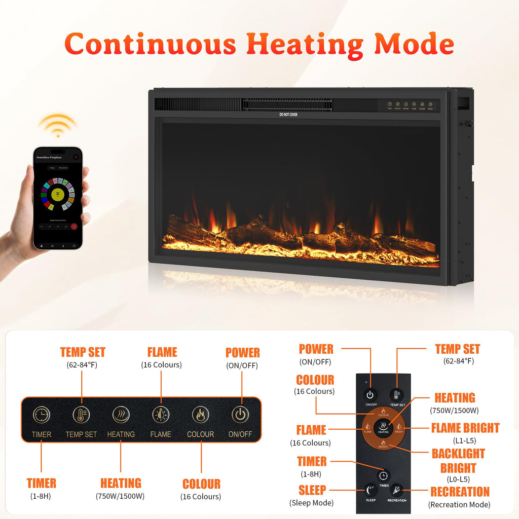62" Freestanding Electric Fireplace Mantel, Remote & APP Dual Control, 36" Replaceable Heater Insert for Living Bedroom.