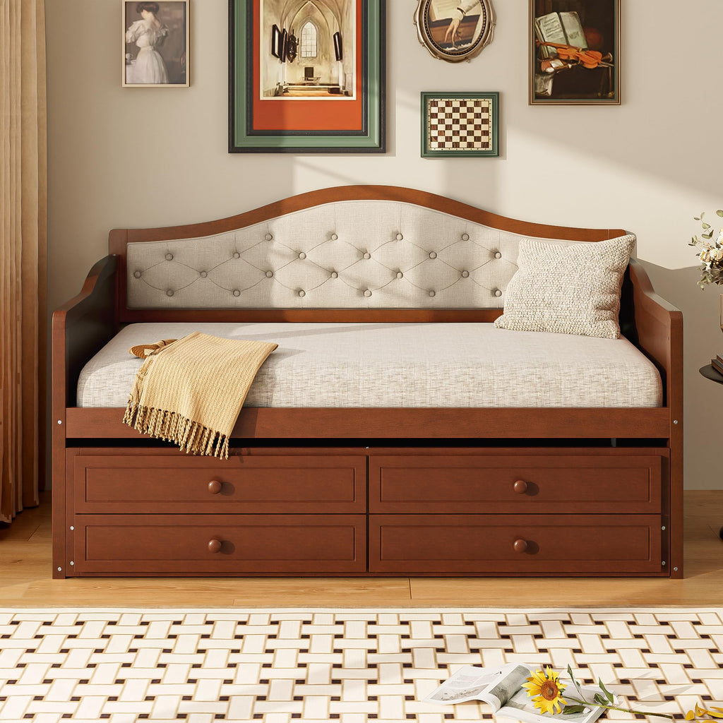 Wood Daybed Twin Size with Trundle and 2 Storage Drawers, Walnut