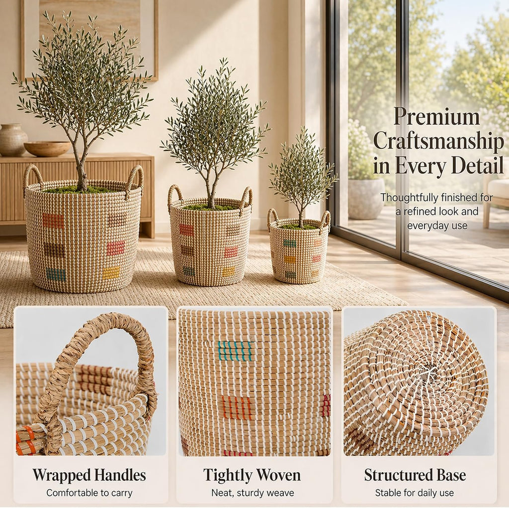 Natural Seagrass Storage Baskets Set of 3 with Handles, Handwoven Decorative Nesting Bins for Blankets, Towels, Toys