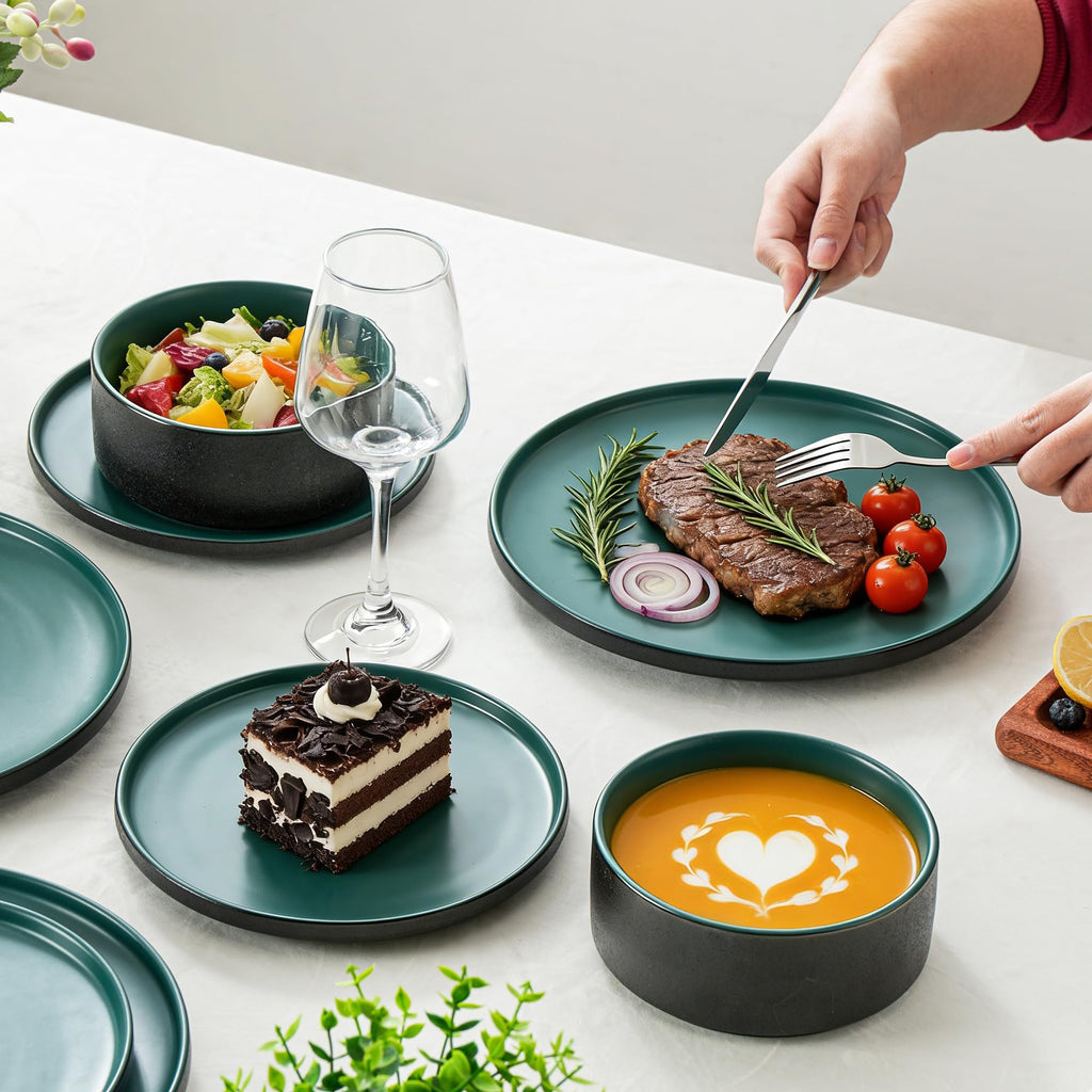 6 Piece Ceramic Plates and Bowls Sets for 2, Modern Green
