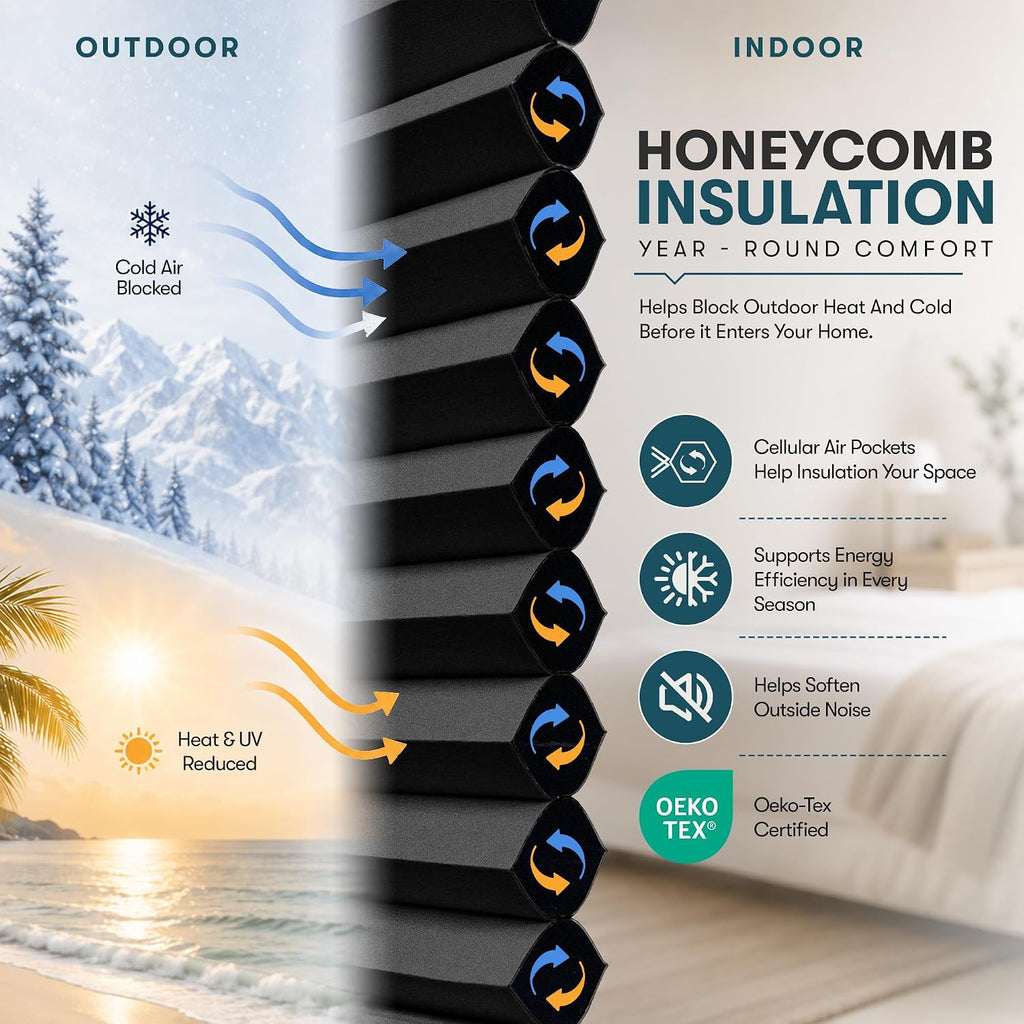 No Drill Cordless Cellular Shade, Black, 19" W x 64" H