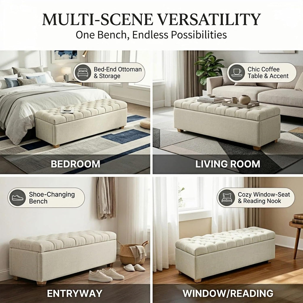 Modern Large Storage Bench Ottoman, Beige Chenille, 60 in | Oversized Long Seating, End of Foot of Bed Footstool
