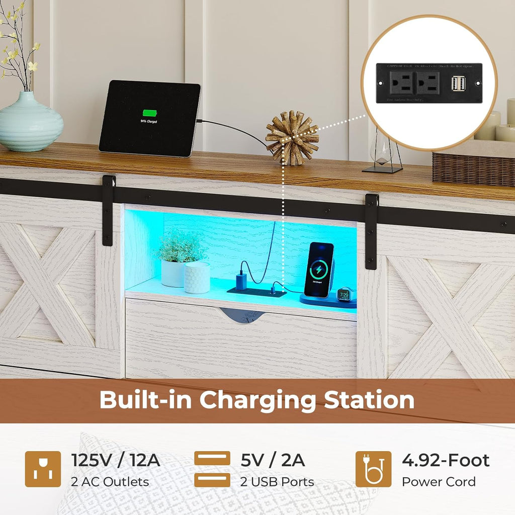 Farmhouse Bed Frame Twin with 2 Storage Drawers, Wooden Platform Twin Bed with LED Lights and Charging Station