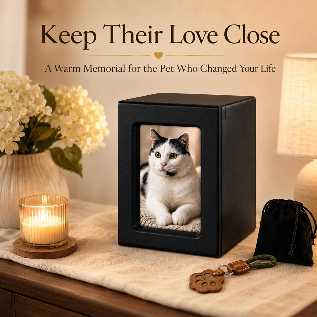 Pet Memorial Urn Built-in Photo Frame Hair Keepsake Pouch Wooden Cremation Box Dog Cat Ashes Easy Photo Change
