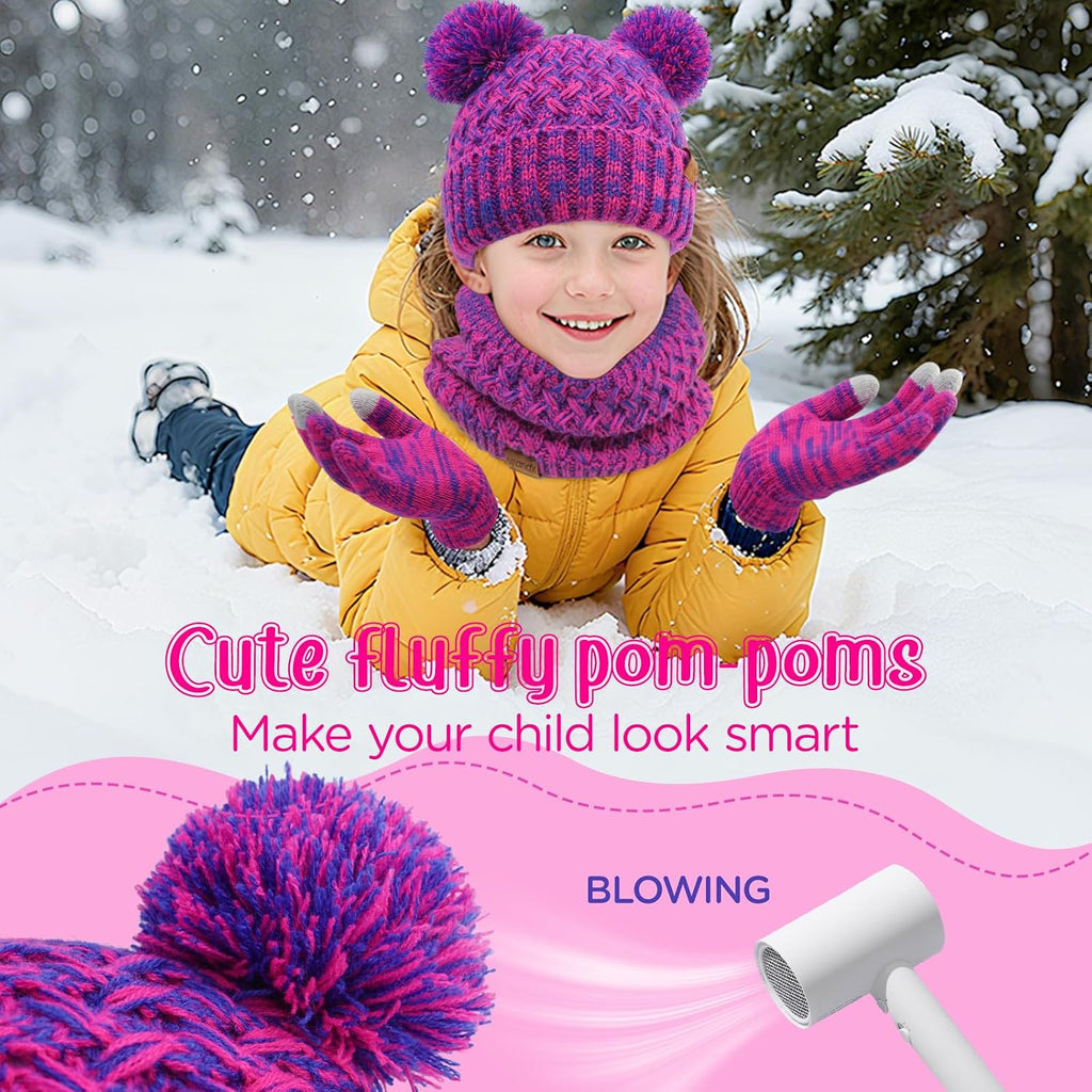 Kids Winter Hat Gloves Scarf Set Fleece Lined Beanie with Pom knitted Neck Warmer for Boys Girls Aged Cold