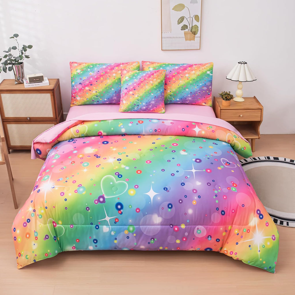 6 Pcs Girls Twin Comforter Set, Colorful Rainbow Galaxy Bedding Sets, Twin Bedding Sets for Girls Kids with 1