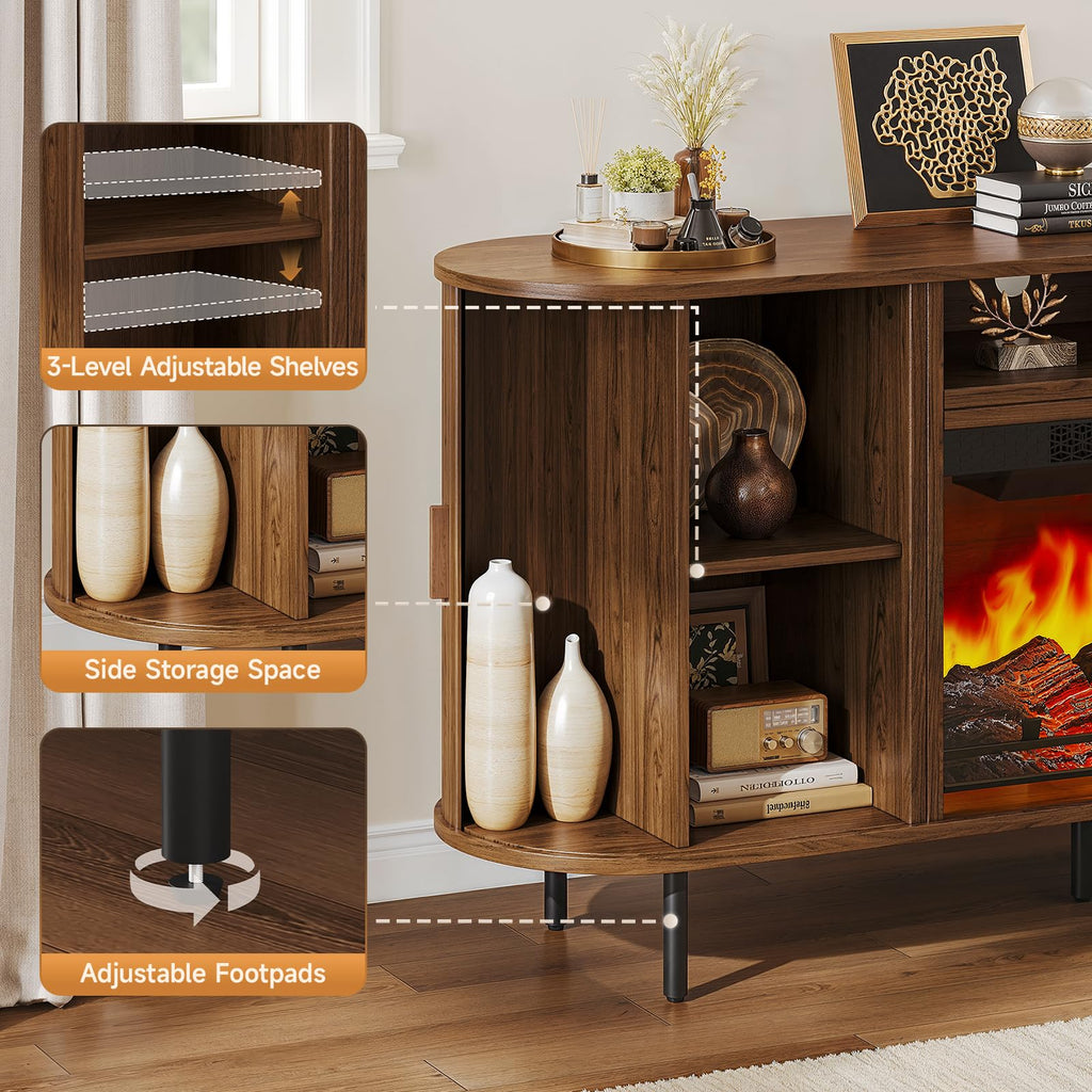 63" Fluted Fireplace TV Stand with Sliding Doors & Power Outlet