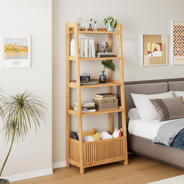 Bamboo Ladder Shelf, Bookshelf with 4 Display Shelves and 1 Open Storage Basket, Multifunctional Storage Rack