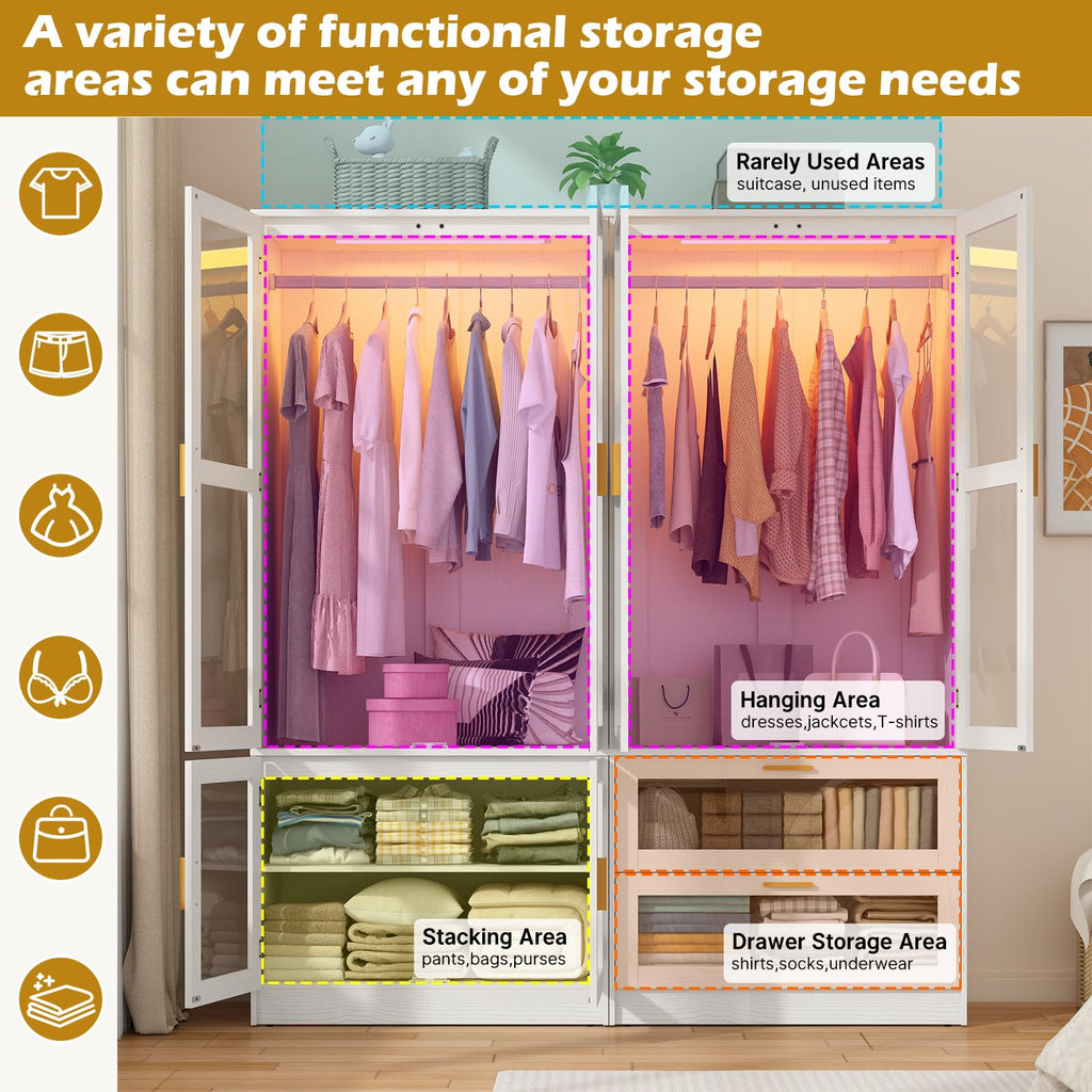 4 Doors Armoire Wardrobe Closet with LED and Mirror, 71" H Freestanding Wooden Wardrobe Closet Cabinet w 2