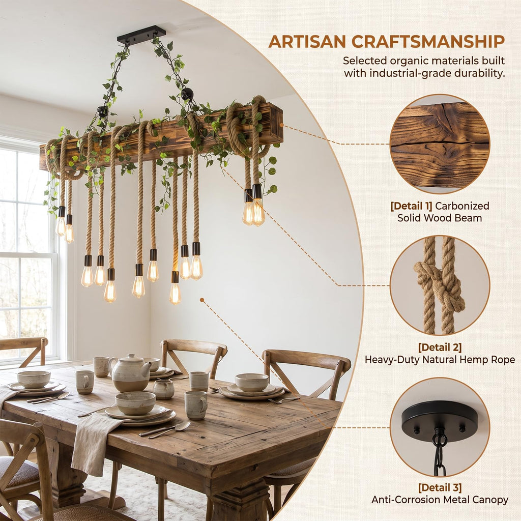 Rustic Wood Beam Chandelier, Industrial Hemp Rope Pendant with Faux Ivy Greenery, Farmhouse Linear Hanging