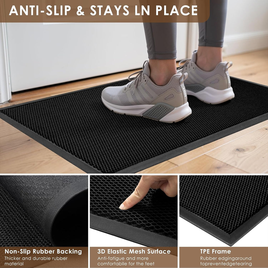 Front Door Mat Outside Entrance, 35"x59" Heavy Duty Non-Slip Doormat | Stretch Mesh, Low-Profile, Dirt Trapper