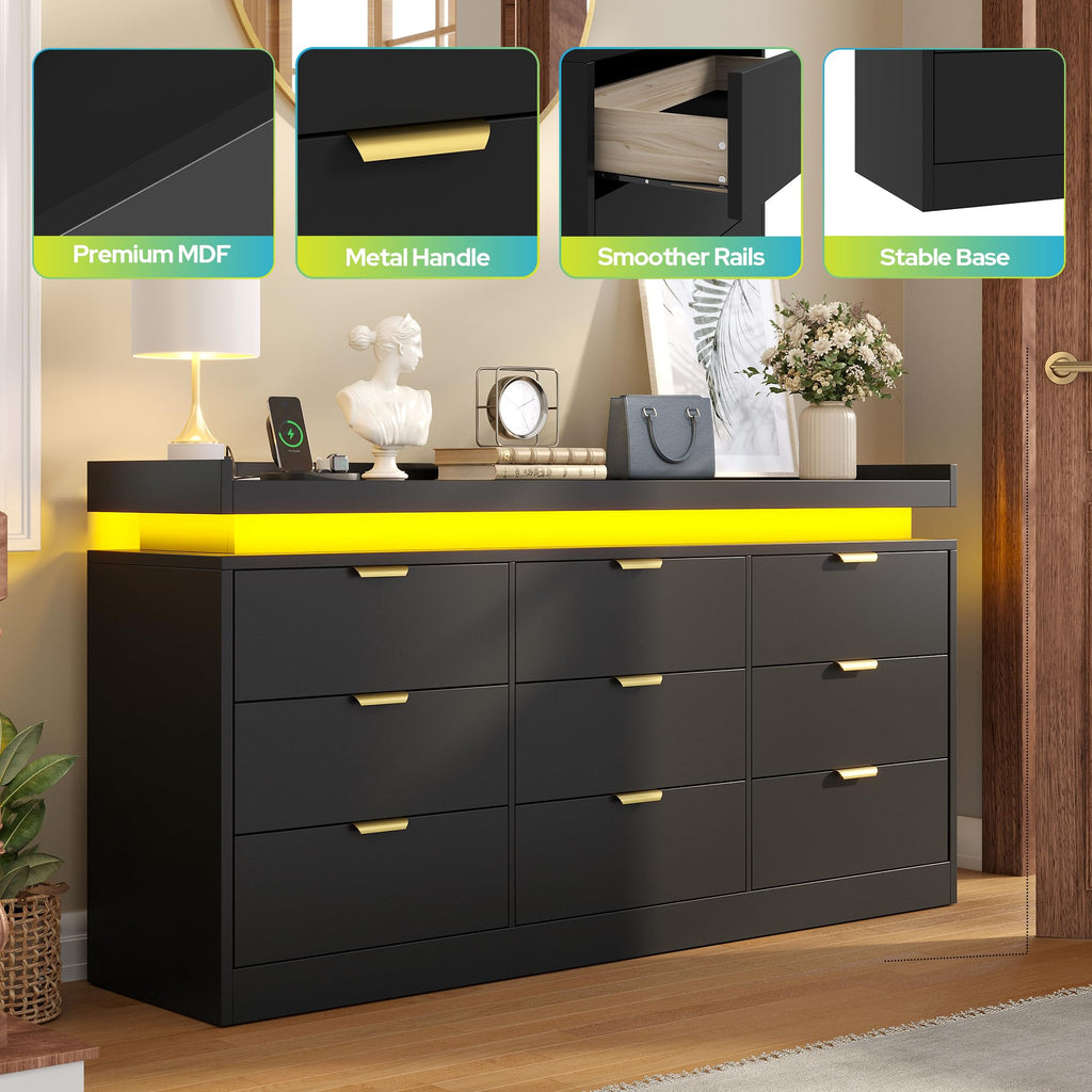 9 Drawer Dresser, Black Dresser with LED Lights and Power Outlet, Large Wooden Dressers Modern Chest of Drawers