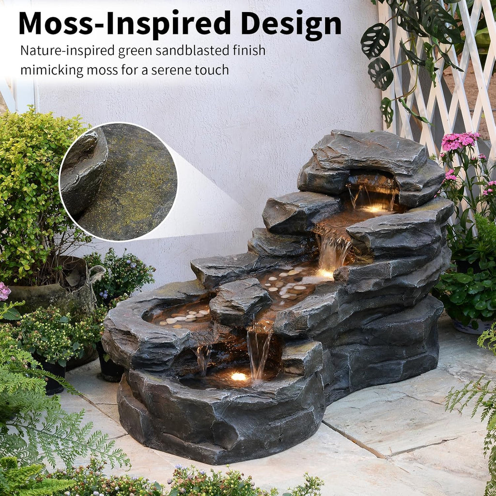 37" L Garden Outdoor Water Fountain, Floor Standing 5-Tiers Rock Natural Waterfall Outdoor Fountains with LED Lights