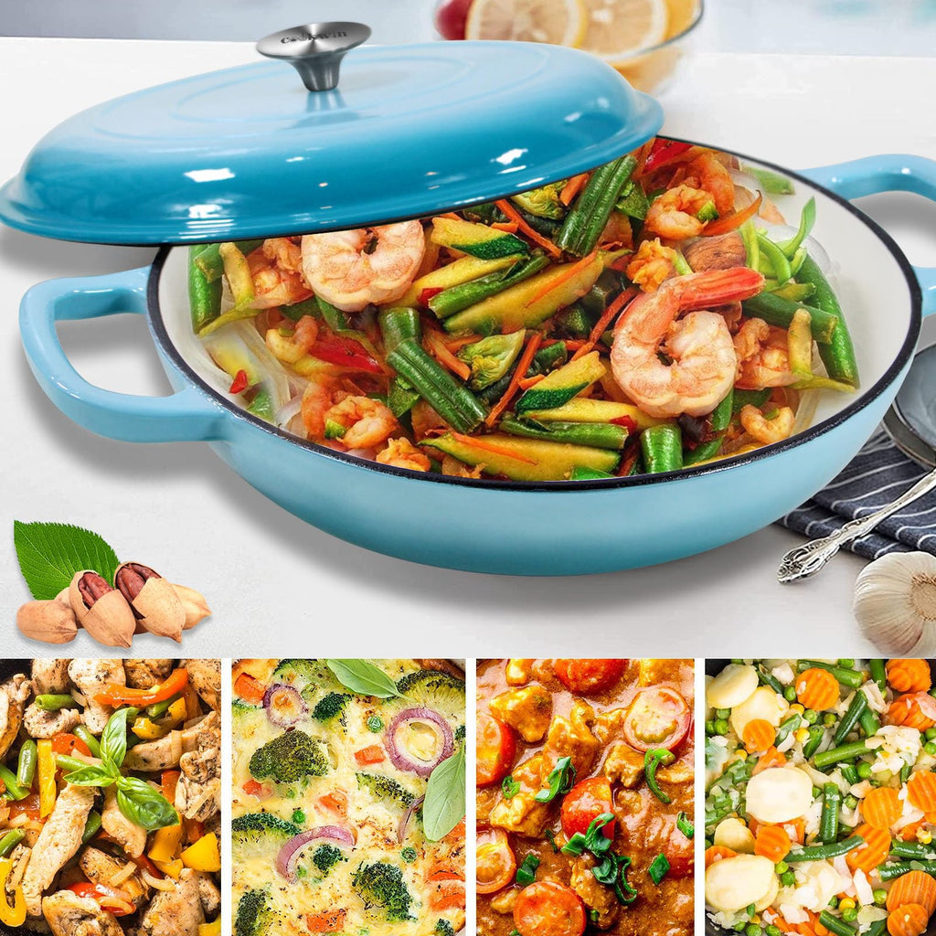 3.8 Quart Enameled Cast Iron Braiser Pan with Lid, Shallow Dutch Oven, Teal