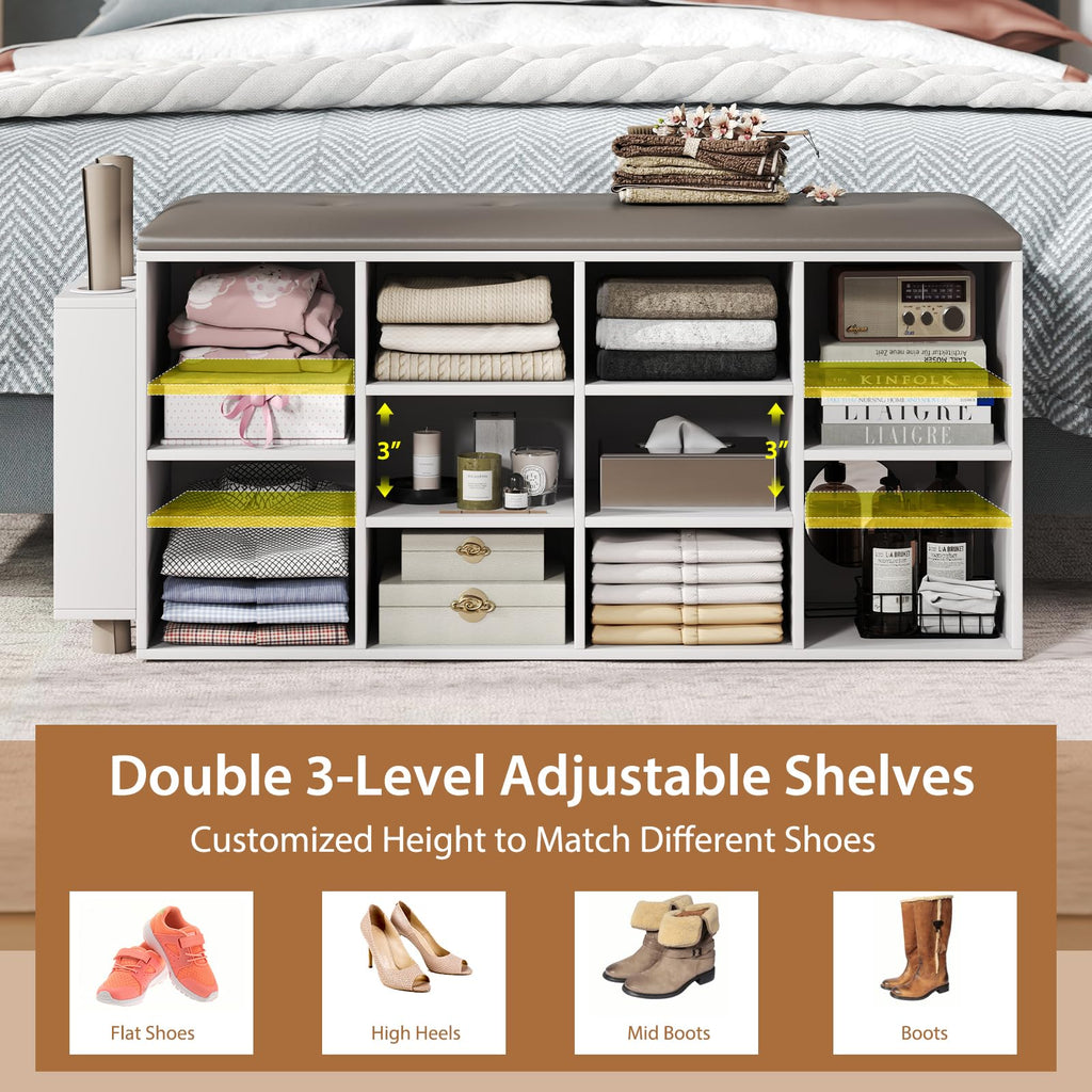 Shoe Storage Bench with Umbrella Stand, 10-Cube Entryway Bench with Adjustable Shelf & Padded Cushion, Cubby Shoe