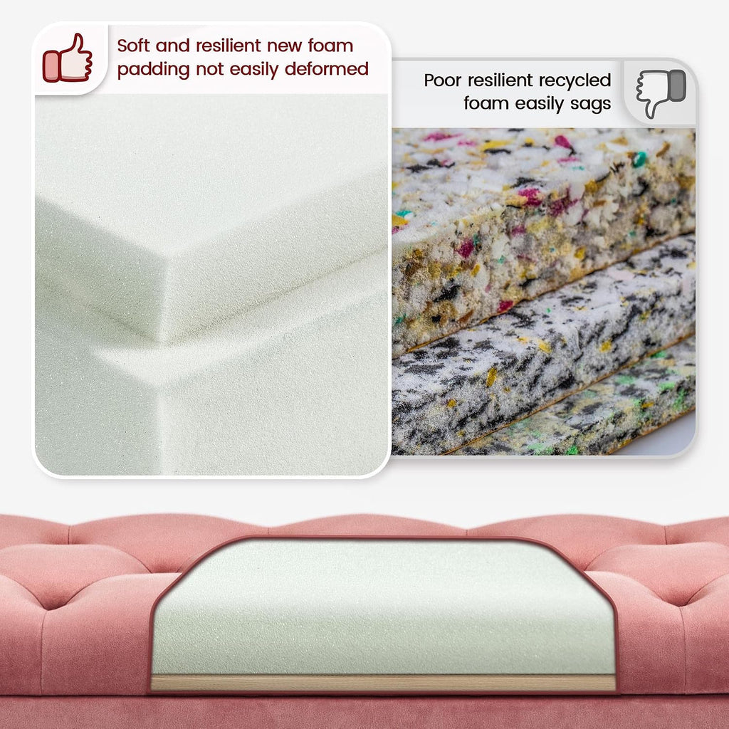 43in Ottoman Bench Velvet Storage End of Bed, Pink | Button-Tufted Ottoman Bench with Tapered Gold Metal Legs, 1.9C