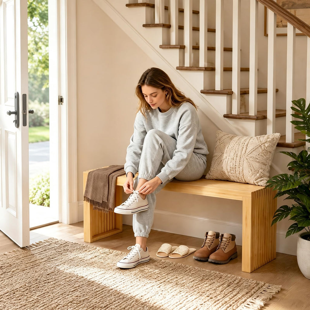 Bamboo Dining Bench, 35'' Slatted Design Entryway Bench, Natural