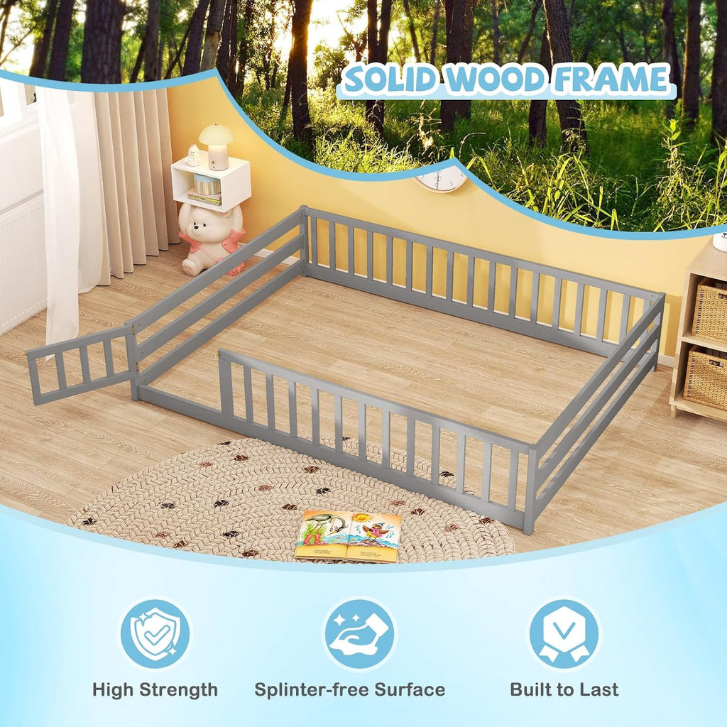 Full Floor Bed with Door & Fence, Kids Wood Montessori Beds with Safety Guardrails, Floor Bed Twin for Kids, Boys