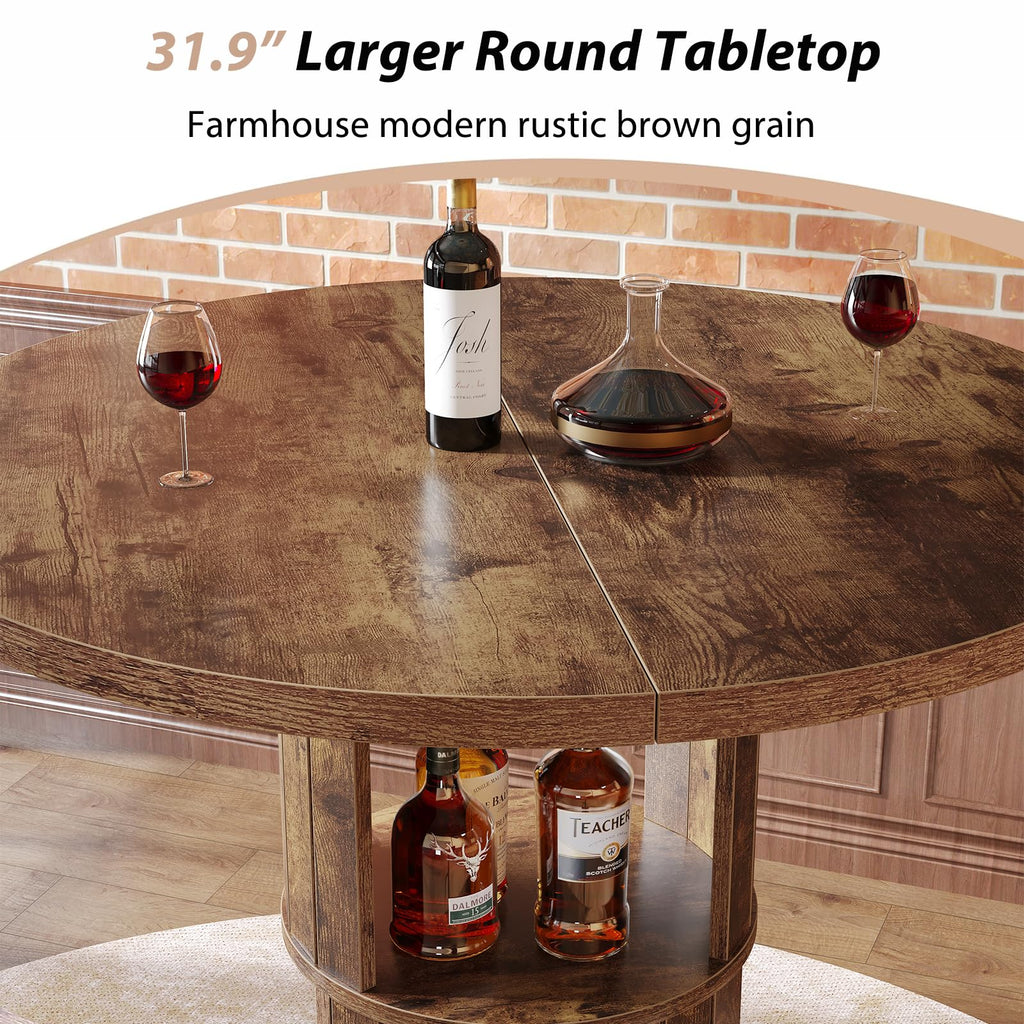 Round Bar Table, 39.4"H Bar Height Bistro Pub Table With 2-Tier Storage